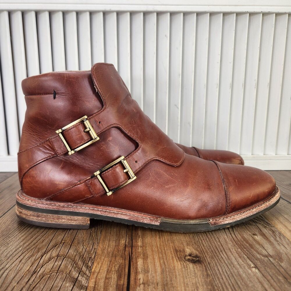 Tsubo Double Monk Strap Cap Toe Leather Ankle Boots Mens Sz 9 Brown Dress Preppy